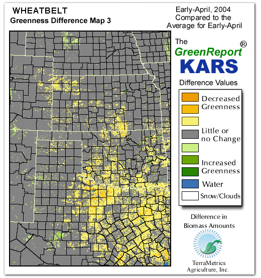 Color-coded Wheat Belt vegetation greeness index map for Period 14 of 2004, illustrating spatial variations in plant vigor, with greener tones indicating higher biomass and browner tones indicating stressed vegetation,
              comparing current crop/vegetation change in biomass to the 20-year greenness average.