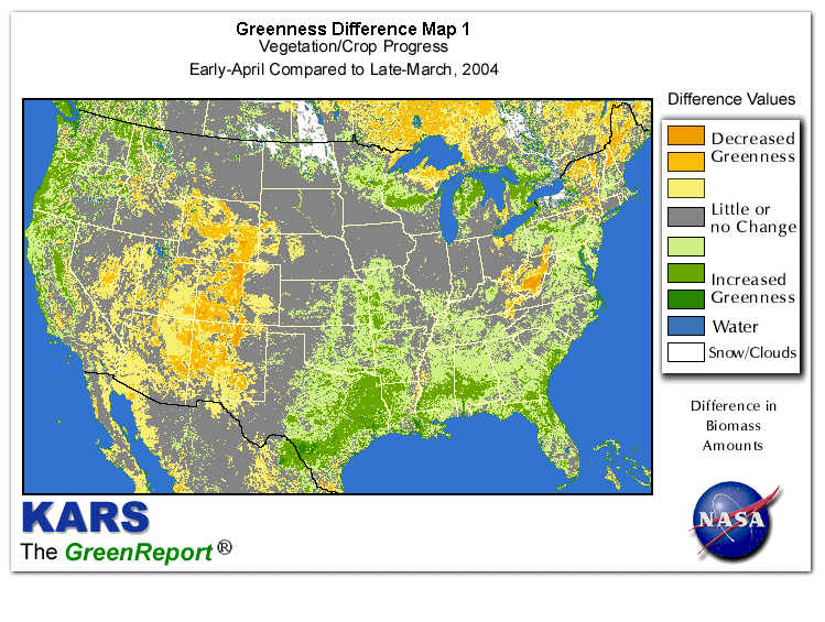 Color-coded U.S. vegetation greeness index map for Period 15 of 2004, illustrating spatial variations in plant vigor, with greener tones indicating higher biomass and browner tones indicating stressed vegetation,
              comparing current crop/vegetation change in biomass to the previous week within the same year.
