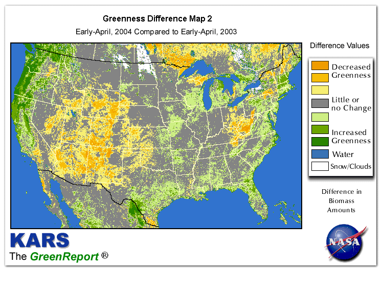 Color-coded U.S. vegetation greeness index map for Period 15 of 2004, illustrating spatial variations in plant vigor, with greener tones indicating higher biomass and browner tones indicating stressed vegetation,
              comparing current crop/vegetation change in biomass to same period from the previous year.