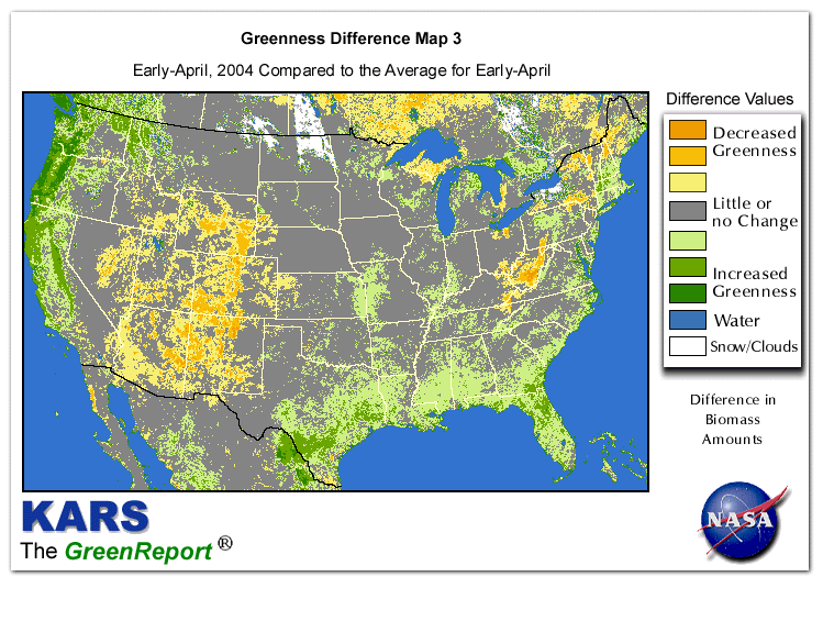 Color-coded U.S. vegetation greeness index map for Period 15 of 2004, illustrating spatial variations in plant vigor, with greener tones indicating higher biomass and browner tones indicating stressed vegetation,
              comparing current crop/vegetation change in biomass to the 20-year greenness average.
