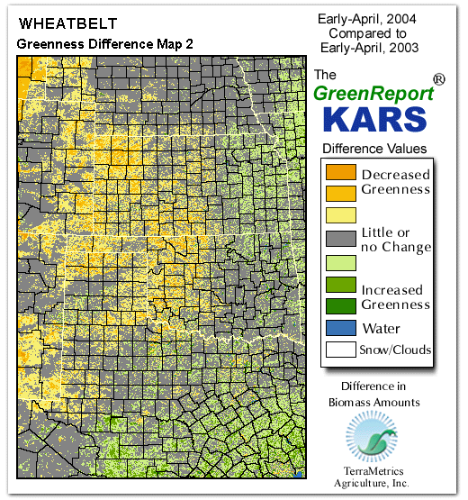 Color-coded Wheat Belt vegetation greeness index map for Period 15 of 2004, illustrating spatial variations in plant vigor, with greener tones indicating higher biomass and browner tones indicating stressed vegetation,
              comparing current crop/vegetation change in biomass to same period from the previous year.