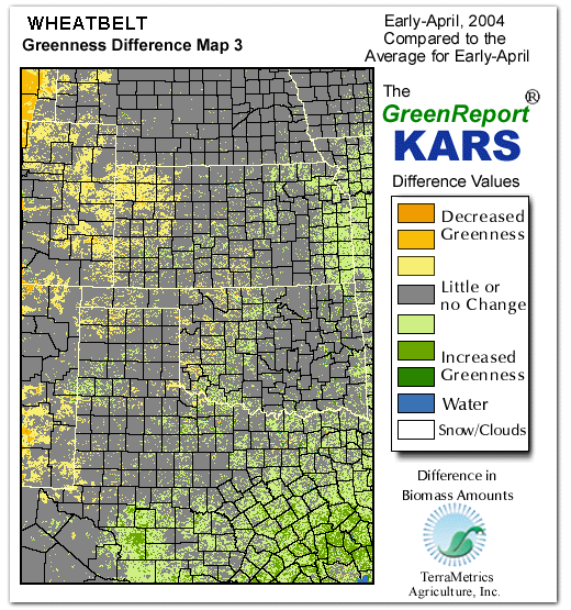 Color-coded Wheat Belt vegetation greeness index map for Period 15 of 2004, illustrating spatial variations in plant vigor, with greener tones indicating higher biomass and browner tones indicating stressed vegetation,
              comparing current crop/vegetation change in biomass to the 20-year greenness average.