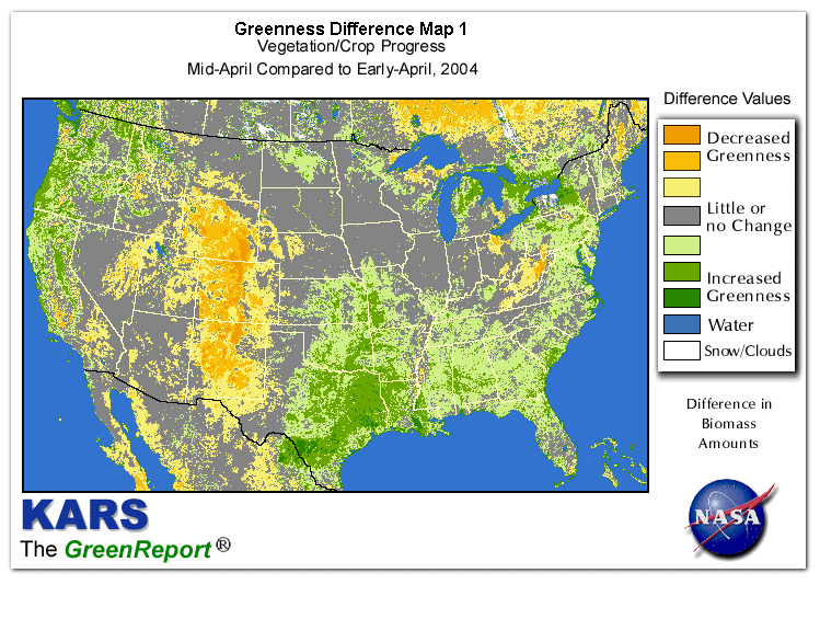 Color-coded U.S. vegetation greeness index map for Period 16 of 2004, illustrating spatial variations in plant vigor, with greener tones indicating higher biomass and browner tones indicating stressed vegetation,
              comparing current crop/vegetation change in biomass to the previous week within the same year.