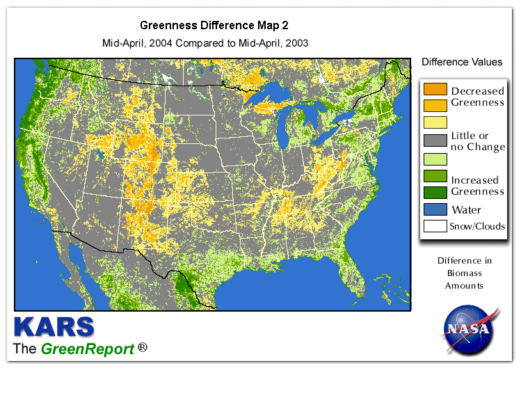 Color-coded U.S. vegetation greeness index map for Period 16 of 2004, illustrating spatial variations in plant vigor, with greener tones indicating higher biomass and browner tones indicating stressed vegetation,
              comparing current crop/vegetation change in biomass to same period from the previous year.