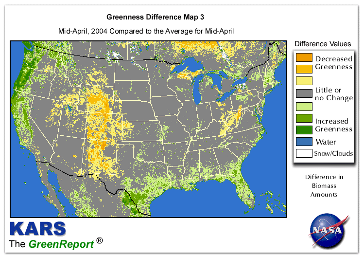 Color-coded U.S. vegetation greeness index map for Period 16 of 2004, illustrating spatial variations in plant vigor, with greener tones indicating higher biomass and browner tones indicating stressed vegetation,
              comparing current crop/vegetation change in biomass to the 20-year greenness average.
