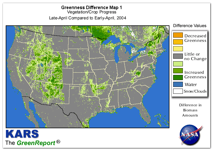 Color-coded U.S. vegetation greeness index map for Period 17 of 2004, illustrating spatial variations in plant vigor, with greener tones indicating higher biomass and browner tones indicating stressed vegetation,
              comparing current crop/vegetation change in biomass to the previous week within the same year.