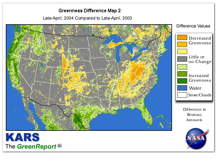 Color-coded U.S. vegetation greeness index map for Period 17 of 2004, illustrating spatial variations in plant vigor, with greener tones indicating higher biomass and browner tones indicating stressed vegetation,
              comparing current crop/vegetation change in biomass to same period from the previous year.