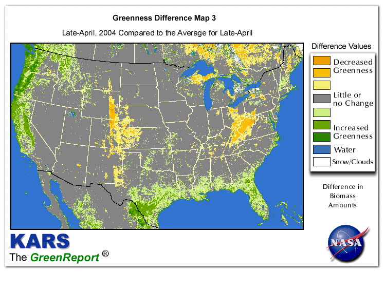 Color-coded U.S. vegetation greeness index map for Period 17 of 2004, illustrating spatial variations in plant vigor, with greener tones indicating higher biomass and browner tones indicating stressed vegetation,
              comparing current crop/vegetation change in biomass to the 20-year greenness average.