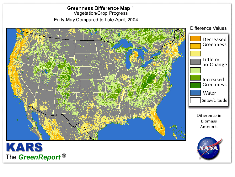 Color-coded U.S. vegetation greeness index map for Period 18 of 2004, illustrating spatial variations in plant vigor, with greener tones indicating higher biomass and browner tones indicating stressed vegetation,
              comparing current crop/vegetation change in biomass to the previous week within the same year.