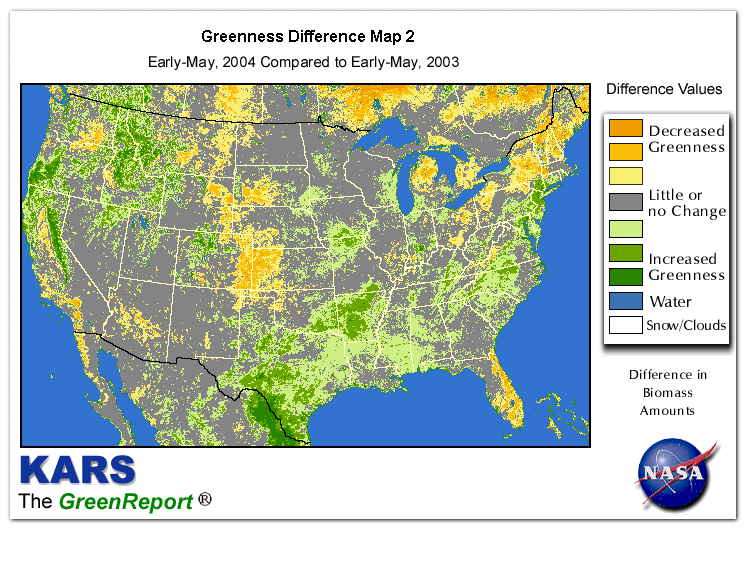 Color-coded U.S. vegetation greeness index map for Period 18 of 2004, illustrating spatial variations in plant vigor, with greener tones indicating higher biomass and browner tones indicating stressed vegetation,
              comparing current crop/vegetation change in biomass to same period from the previous year.