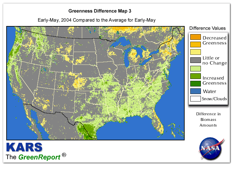 Color-coded U.S. vegetation greeness index map for Period 18 of 2004, illustrating spatial variations in plant vigor, with greener tones indicating higher biomass and browner tones indicating stressed vegetation,
              comparing current crop/vegetation change in biomass to the 20-year greenness average.