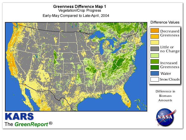 Color-coded U.S. vegetation greeness index map for Period 19 of 2004, illustrating spatial variations in plant vigor, with greener tones indicating higher biomass and browner tones indicating stressed vegetation,
              comparing current crop/vegetation change in biomass to the previous week within the same year.