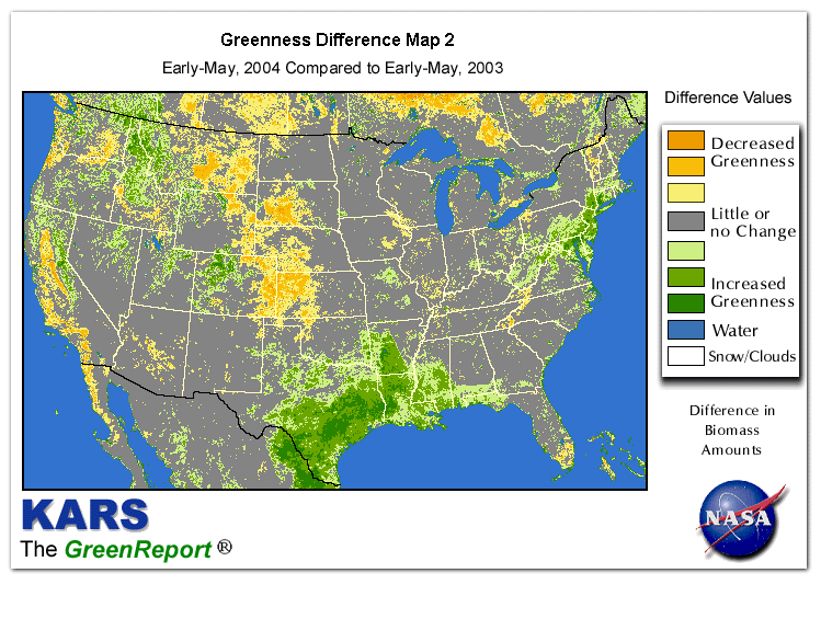 Color-coded U.S. vegetation greeness index map for Period 19 of 2004, illustrating spatial variations in plant vigor, with greener tones indicating higher biomass and browner tones indicating stressed vegetation,
              comparing current crop/vegetation change in biomass to same period from the previous year.