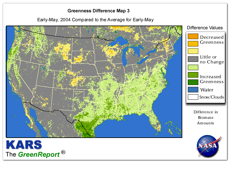 Color-coded U.S. vegetation greeness index map for Period 19 of 2004, illustrating spatial variations in plant vigor, with greener tones indicating higher biomass and browner tones indicating stressed vegetation,
              comparing current crop/vegetation change in biomass to the 20-year greenness average.