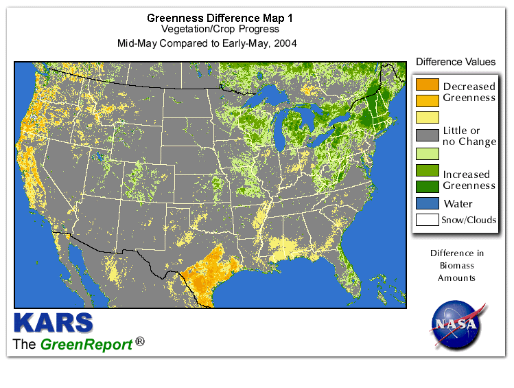 Color-coded U.S. vegetation greeness index map for Period 20 of 2004, illustrating spatial variations in plant vigor, with greener tones indicating higher biomass and browner tones indicating stressed vegetation,
              comparing current crop/vegetation change in biomass to the previous week within the same year.