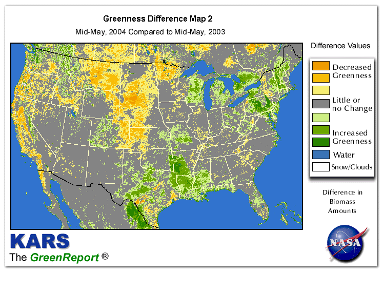Color-coded U.S. vegetation greeness index map for Period 20 of 2004, illustrating spatial variations in plant vigor, with greener tones indicating higher biomass and browner tones indicating stressed vegetation,
              comparing current crop/vegetation change in biomass to same period from the previous year.