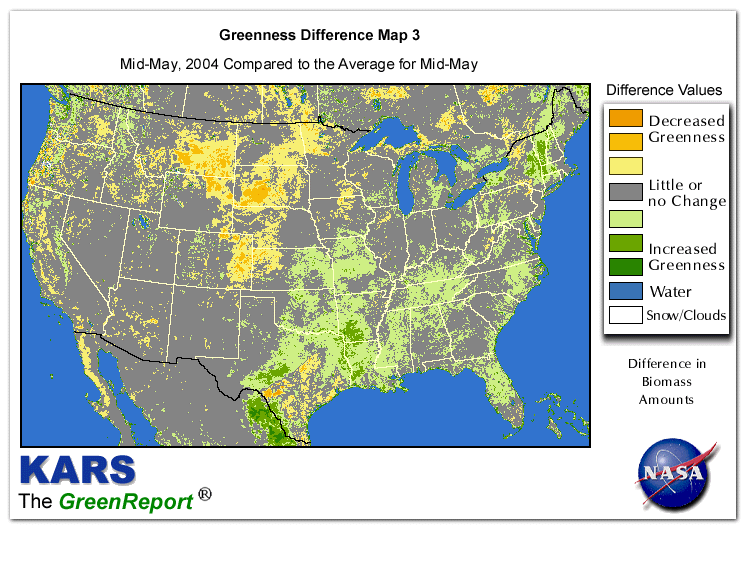 Color-coded U.S. vegetation greeness index map for Period 20 of 2004, illustrating spatial variations in plant vigor, with greener tones indicating higher biomass and browner tones indicating stressed vegetation,
              comparing current crop/vegetation change in biomass to the 20-year greenness average.