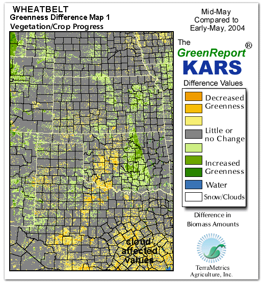 Color-coded Wheat Belt vegetation greeness index map for Period 20 of 2004, illustrating spatial variations in plant vigor, with greener tones indicating higher biomass and browner tones indicating stressed vegetation,
              comparing current crop/vegetation change in biomass to the previous week within the same year.