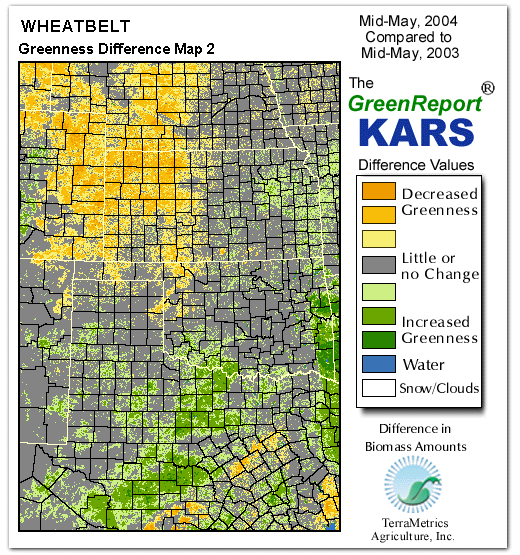 Color-coded Wheat Belt vegetation greeness index map for Period 20 of 2004, illustrating spatial variations in plant vigor, with greener tones indicating higher biomass and browner tones indicating stressed vegetation,
              comparing current crop/vegetation change in biomass to same period from the previous year.