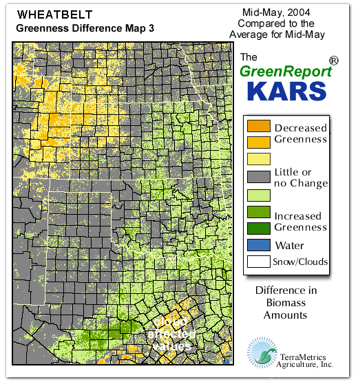 Color-coded Wheat Belt vegetation greeness index map for Period 20 of 2004, illustrating spatial variations in plant vigor, with greener tones indicating higher biomass and browner tones indicating stressed vegetation,
              comparing current crop/vegetation change in biomass to the 20-year greenness average.
