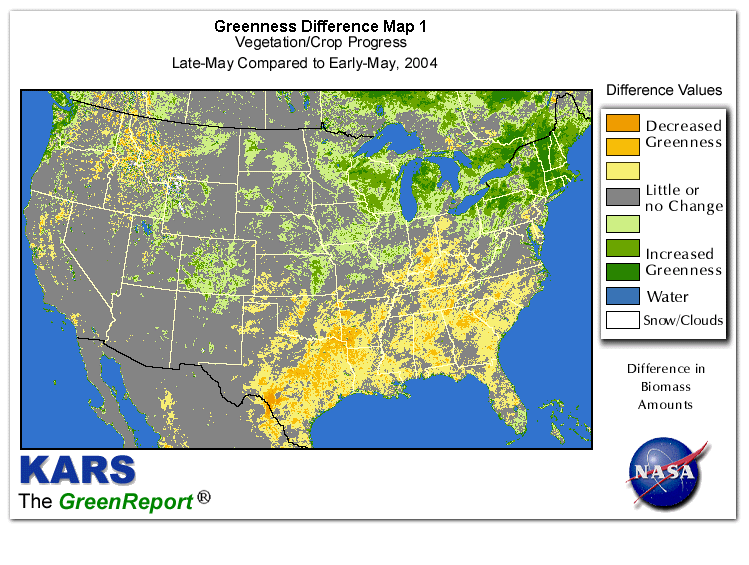 Color-coded U.S. vegetation greeness index map for Period 21 of 2004, illustrating spatial variations in plant vigor, with greener tones indicating higher biomass and browner tones indicating stressed vegetation,
              comparing current crop/vegetation change in biomass to the previous week within the same year.