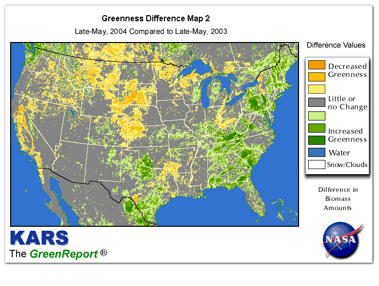 Color-coded U.S. vegetation greeness index map for Period 21 of 2004, illustrating spatial variations in plant vigor, with greener tones indicating higher biomass and browner tones indicating stressed vegetation,
              comparing current crop/vegetation change in biomass to same period from the previous year.