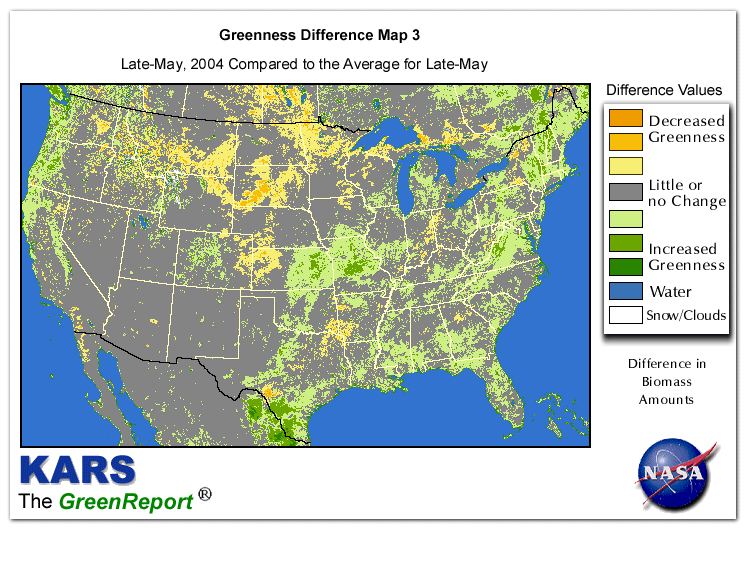 Color-coded U.S. vegetation greeness index map for Period 21 of 2004, illustrating spatial variations in plant vigor, with greener tones indicating higher biomass and browner tones indicating stressed vegetation,
              comparing current crop/vegetation change in biomass to the 20-year greenness average.