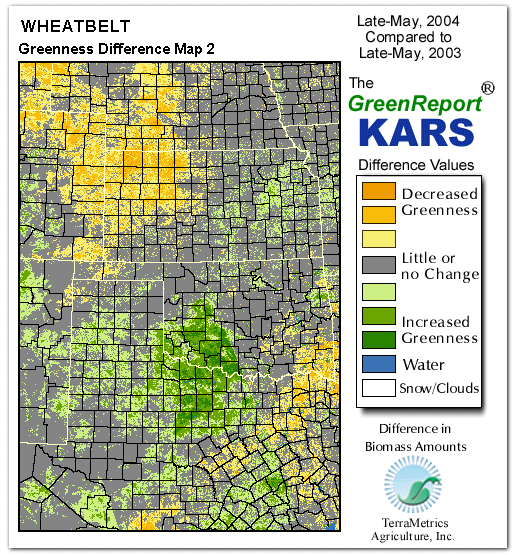 Color-coded Wheat Belt vegetation greeness index map for Period 21 of 2004, illustrating spatial variations in plant vigor, with greener tones indicating higher biomass and browner tones indicating stressed vegetation,
              comparing current crop/vegetation change in biomass to same period from the previous year.