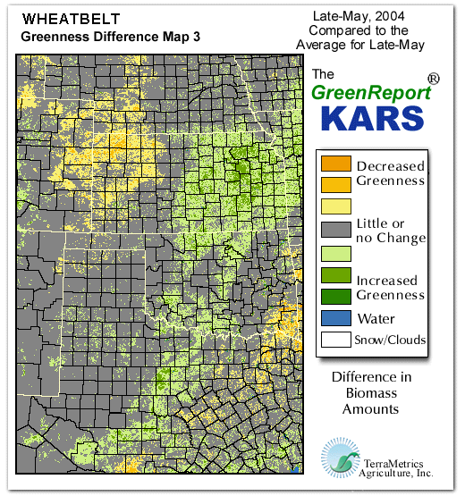 Color-coded Wheat Belt vegetation greeness index map for Period 21 of 2004, illustrating spatial variations in plant vigor, with greener tones indicating higher biomass and browner tones indicating stressed vegetation,
              comparing current crop/vegetation change in biomass to the 20-year greenness average.