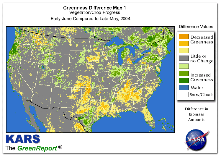 Color-coded U.S. vegetation greeness index map for Period 22 of 2004, illustrating spatial variations in plant vigor, with greener tones indicating higher biomass and browner tones indicating stressed vegetation,
              comparing current crop/vegetation change in biomass to the previous week within the same year.