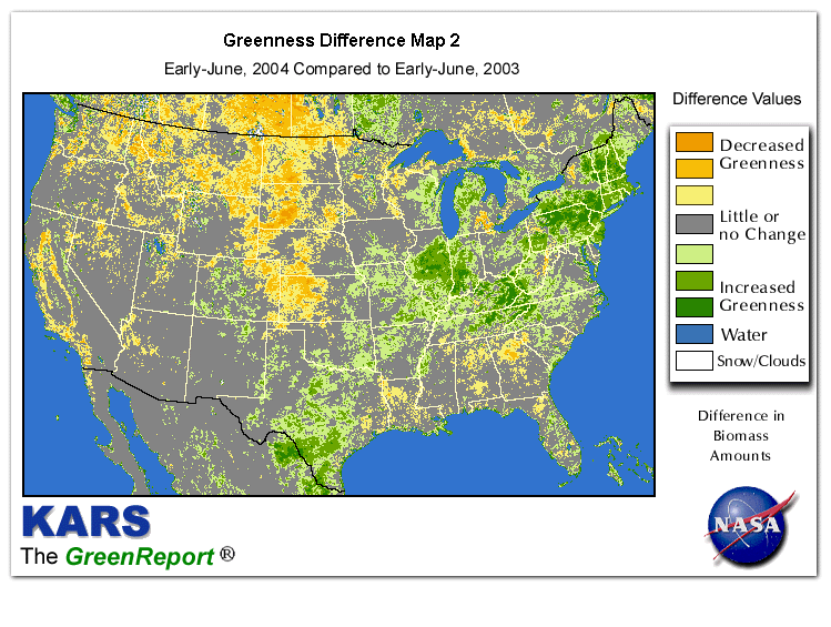 Color-coded U.S. vegetation greeness index map for Period 22 of 2004, illustrating spatial variations in plant vigor, with greener tones indicating higher biomass and browner tones indicating stressed vegetation,
              comparing current crop/vegetation change in biomass to same period from the previous year.