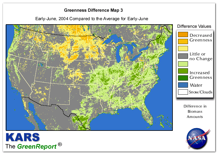 Color-coded U.S. vegetation greeness index map for Period 22 of 2004, illustrating spatial variations in plant vigor, with greener tones indicating higher biomass and browner tones indicating stressed vegetation,
              comparing current crop/vegetation change in biomass to the 20-year greenness average.