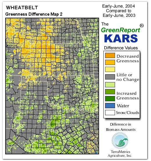 Color-coded Wheat Belt vegetation greeness index map for Period 22 of 2004, illustrating spatial variations in plant vigor, with greener tones indicating higher biomass and browner tones indicating stressed vegetation,
              comparing current crop/vegetation change in biomass to same period from the previous year.