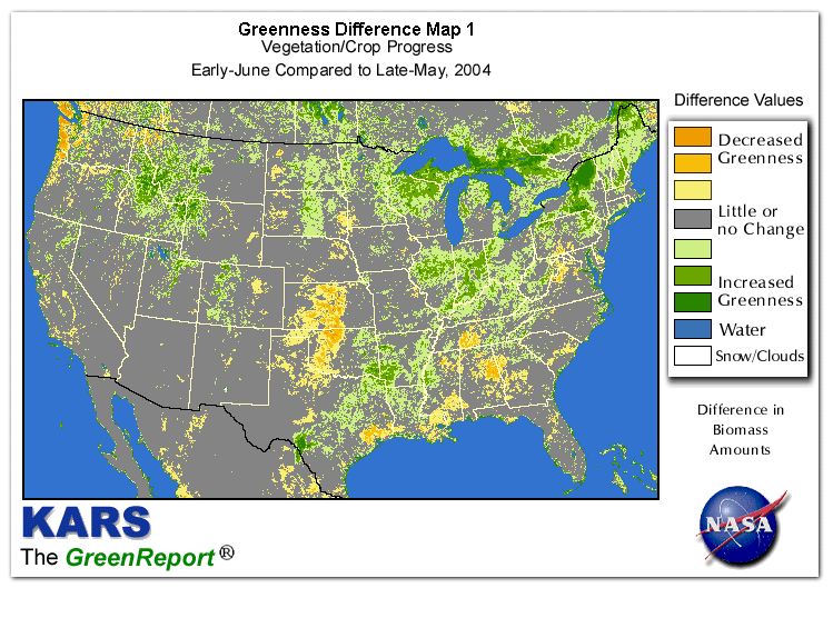 Color-coded U.S. vegetation greeness index map for Period 23 of 2004, illustrating spatial variations in plant vigor, with greener tones indicating higher biomass and browner tones indicating stressed vegetation,
              comparing current crop/vegetation change in biomass to the previous week within the same year.