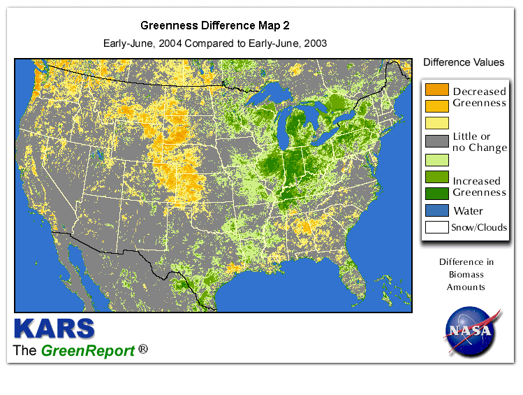 Color-coded U.S. vegetation greeness index map for Period 23 of 2004, illustrating spatial variations in plant vigor, with greener tones indicating higher biomass and browner tones indicating stressed vegetation,
              comparing current crop/vegetation change in biomass to same period from the previous year.
