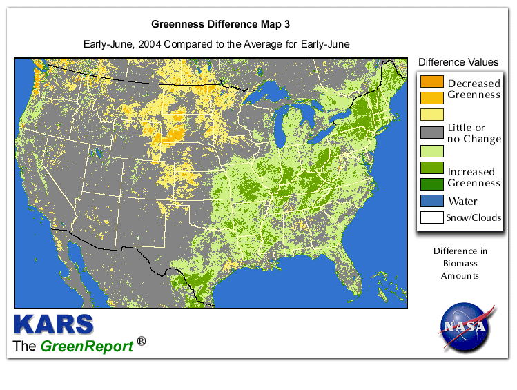 Color-coded U.S. vegetation greeness index map for Period 23 of 2004, illustrating spatial variations in plant vigor, with greener tones indicating higher biomass and browner tones indicating stressed vegetation,
              comparing current crop/vegetation change in biomass to the 20-year greenness average.