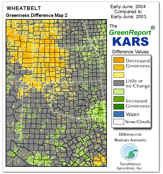 Color-coded Wheat Belt vegetation greeness index map for Period 23 of 2004, illustrating spatial variations in plant vigor, with greener tones indicating higher biomass and browner tones indicating stressed vegetation,
              comparing current crop/vegetation change in biomass to same period from the previous year.