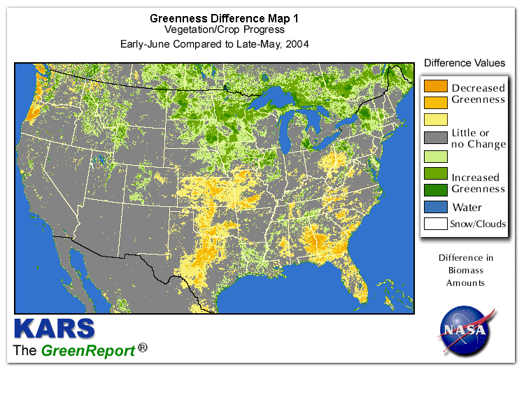 Color-coded U.S. vegetation greeness index map for Period 24 of 2004, illustrating spatial variations in plant vigor, with greener tones indicating higher biomass and browner tones indicating stressed vegetation,
              comparing current crop/vegetation change in biomass to the previous week within the same year.