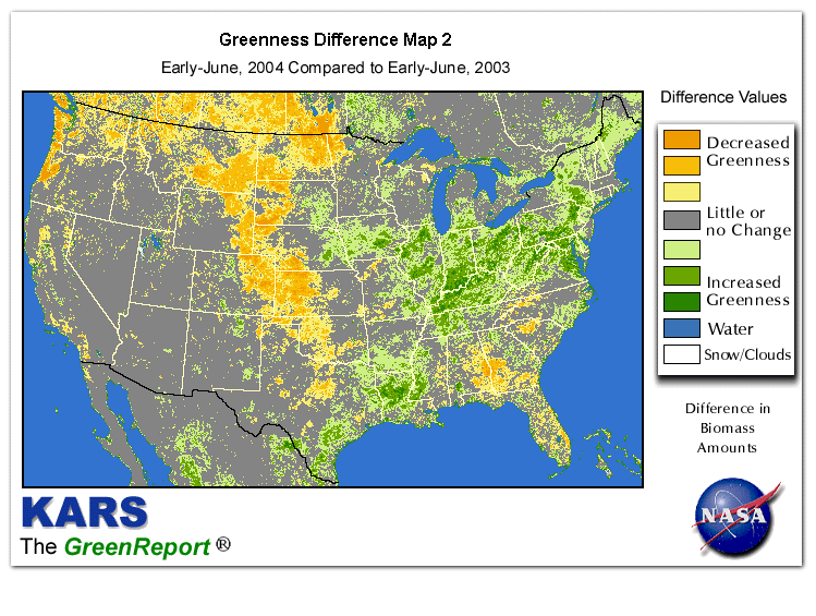 Color-coded U.S. vegetation greeness index map for Period 24 of 2004, illustrating spatial variations in plant vigor, with greener tones indicating higher biomass and browner tones indicating stressed vegetation,
              comparing current crop/vegetation change in biomass to same period from the previous year.
