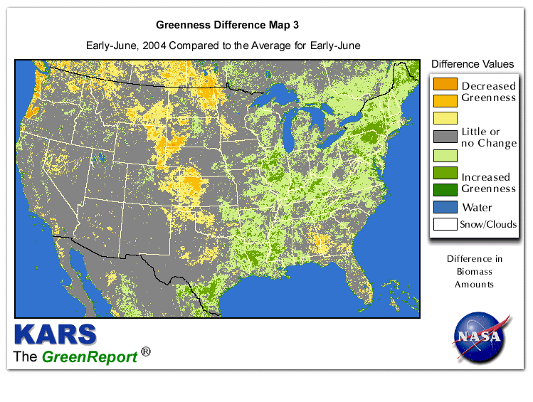 Color-coded U.S. vegetation greeness index map for Period 24 of 2004, illustrating spatial variations in plant vigor, with greener tones indicating higher biomass and browner tones indicating stressed vegetation,
              comparing current crop/vegetation change in biomass to the 20-year greenness average.