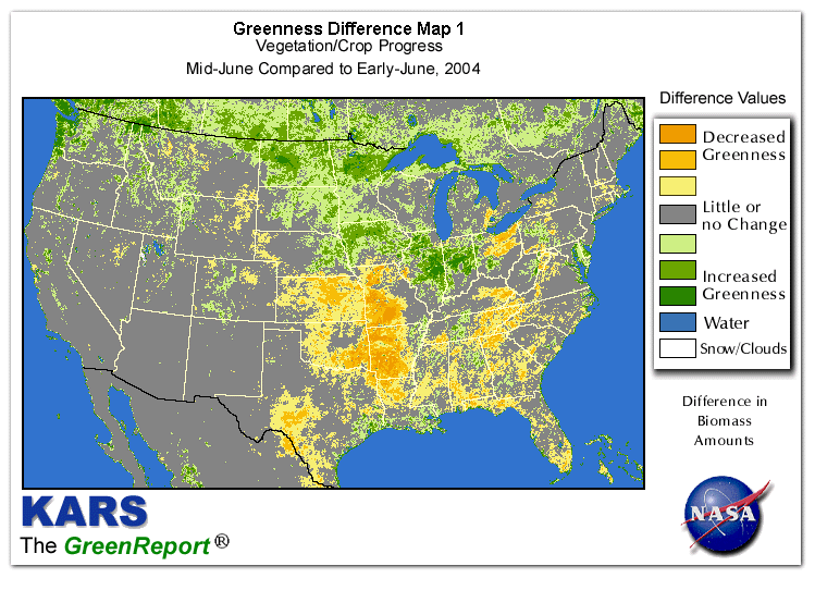 Color-coded U.S. vegetation greeness index map for Period 25 of 2004, illustrating spatial variations in plant vigor, with greener tones indicating higher biomass and browner tones indicating stressed vegetation,
              comparing current crop/vegetation change in biomass to the previous week within the same year.