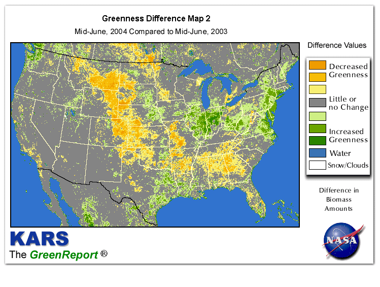 Color-coded U.S. vegetation greeness index map for Period 25 of 2004, illustrating spatial variations in plant vigor, with greener tones indicating higher biomass and browner tones indicating stressed vegetation,
              comparing current crop/vegetation change in biomass to same period from the previous year.