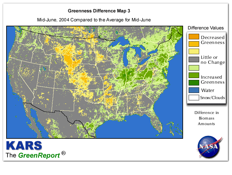 Color-coded U.S. vegetation greeness index map for Period 25 of 2004, illustrating spatial variations in plant vigor, with greener tones indicating higher biomass and browner tones indicating stressed vegetation,
              comparing current crop/vegetation change in biomass to the 20-year greenness average.