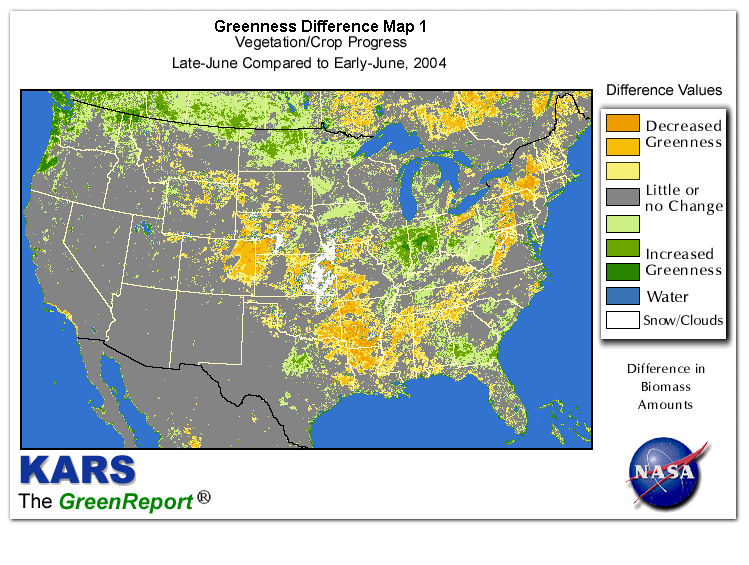 Color-coded U.S. vegetation greeness index map for Period 26 of 2004, illustrating spatial variations in plant vigor, with greener tones indicating higher biomass and browner tones indicating stressed vegetation,
              comparing current crop/vegetation change in biomass to the previous week within the same year.