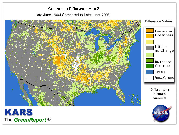 Color-coded U.S. vegetation greeness index map for Period 26 of 2004, illustrating spatial variations in plant vigor, with greener tones indicating higher biomass and browner tones indicating stressed vegetation,
              comparing current crop/vegetation change in biomass to same period from the previous year.