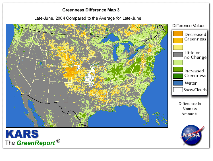 Color-coded U.S. vegetation greeness index map for Period 26 of 2004, illustrating spatial variations in plant vigor, with greener tones indicating higher biomass and browner tones indicating stressed vegetation,
              comparing current crop/vegetation change in biomass to the 20-year greenness average.