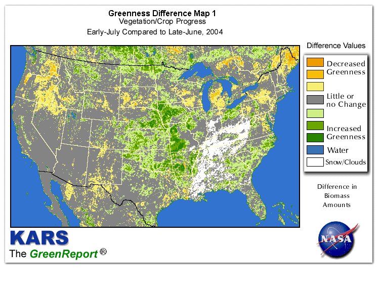 Color-coded U.S. vegetation greeness index map for Period 27 of 2004, illustrating spatial variations in plant vigor, with greener tones indicating higher biomass and browner tones indicating stressed vegetation,
              comparing current crop/vegetation change in biomass to the previous week within the same year.