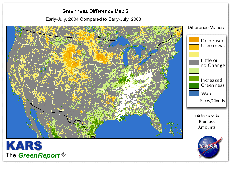 Color-coded U.S. vegetation greeness index map for Period 27 of 2004, illustrating spatial variations in plant vigor, with greener tones indicating higher biomass and browner tones indicating stressed vegetation,
              comparing current crop/vegetation change in biomass to same period from the previous year.
