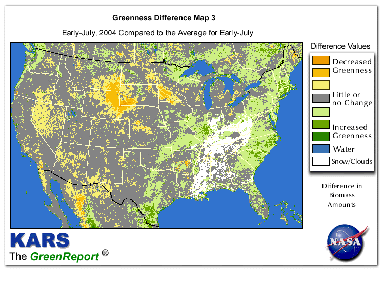 Color-coded U.S. vegetation greeness index map for Period 27 of 2004, illustrating spatial variations in plant vigor, with greener tones indicating higher biomass and browner tones indicating stressed vegetation,
              comparing current crop/vegetation change in biomass to the 20-year greenness average.