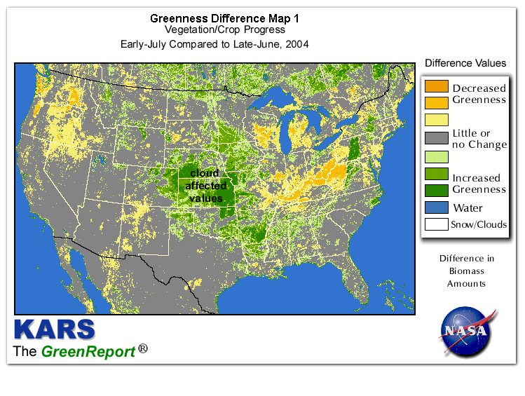 Color-coded U.S. vegetation greeness index map for Period 28 of 2004, illustrating spatial variations in plant vigor, with greener tones indicating higher biomass and browner tones indicating stressed vegetation,
              comparing current crop/vegetation change in biomass to the previous week within the same year.